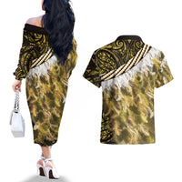 Yellow Traditional Cloak Aotearoa Couples Matching Off The Shoulder Long Sleeve Dress and Hawaiian Shirt Maori Paua Shell Korowai Pattern LT14 - Polynesian Pride