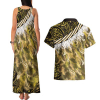 Yellow Traditional Cloak Aotearoa Couples Matching Tank Maxi Dress and Hawaiian Shirt Maori Paua Shell Korowai Pattern LT14 - Polynesian Pride