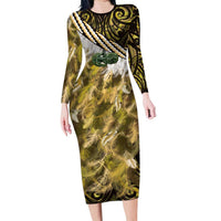 Yellow Traditional Cloak Aotearoa Family Matching Long Sleeve Bodycon Dress and Hawaiian Shirt Maori Paua Shell Korowai Pattern LT14 Mom's Dress Yellow - Polynesian Pride