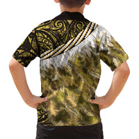 Yellow Traditional Cloak Aotearoa Family Matching Off Shoulder Short Dress and Hawaiian Shirt Maori Paua Shell Korowai Pattern LT14 - Polynesian Pride