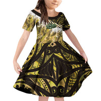 Yellow Traditional Cloak Aotearoa Family Matching Off Shoulder Short Dress and Hawaiian Shirt Maori Paua Shell Korowai Pattern LT14 Daughter's Dress Yellow - Polynesian Pride