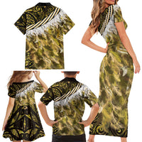 Yellow Traditional Cloak Aotearoa Family Matching Short Sleeve Bodycon Dress and Hawaiian Shirt Maori Paua Shell Korowai Pattern LT14 - Polynesian Pride