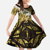 Yellow Traditional Cloak Aotearoa Family Matching Tank Maxi Dress and Hawaiian Shirt Maori Paua Shell Korowai Pattern LT14 Daughter's Dress Yellow - Polynesian Pride