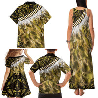 Yellow Traditional Cloak Aotearoa Family Matching Tank Maxi Dress and Hawaiian Shirt Maori Paua Shell Korowai Pattern LT14 - Polynesian Pride