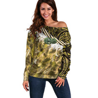 Yellow Traditional Cloak Aotearoa Off Shoulder Sweater Maori Paua Shell Korowai Pattern