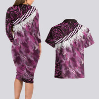 Pink Traditional Cloak Aotearoa Couples Matching Long Sleeve Bodycon Dress and Hawaiian Shirt Maori Paua Shell Korowai Pattern LT14 - Polynesian Pride