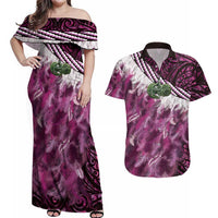 Pink Traditional Cloak Aotearoa Couples Matching Off Shoulder Maxi Dress and Hawaiian Shirt Maori Paua Shell Korowai Pattern LT14 Pink - Polynesian Pride