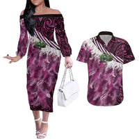 Pink Traditional Cloak Aotearoa Couples Matching Off The Shoulder Long Sleeve Dress and Hawaiian Shirt Maori Paua Shell Korowai Pattern LT14 Pink - Polynesian Pride