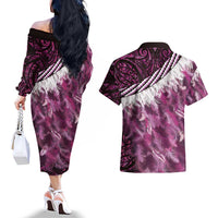 Pink Traditional Cloak Aotearoa Couples Matching Off The Shoulder Long Sleeve Dress and Hawaiian Shirt Maori Paua Shell Korowai Pattern LT14 - Polynesian Pride