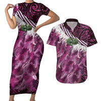 Pink Traditional Cloak Aotearoa Couples Matching Short Sleeve Bodycon Dress and Hawaiian Shirt Maori Paua Shell Korowai Pattern LT14 Pink - Polynesian Pride