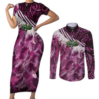Pink Traditional Cloak Aotearoa Couples Matching Short Sleeve Bodycon Dress and Long Sleeve Button Shirt Maori Paua Shell Korowai Pattern LT14 Pink - Polynesian Pride