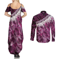 Pink Traditional Cloak Aotearoa Couples Matching Summer Maxi Dress and Long Sleeve Button Shirt Maori Paua Shell Korowai Pattern