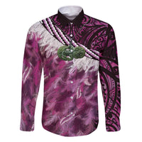 Pink Traditional Cloak Aotearoa Family Matching Off The Shoulder Long Sleeve Dress and Hawaiian Shirt Maori Paua Shell Korowai Pattern LT14 Dad's Shirt - Long Sleeve Pink - Polynesian Pride