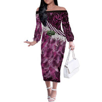 Pink Traditional Cloak Aotearoa Family Matching Off The Shoulder Long Sleeve Dress and Hawaiian Shirt Maori Paua Shell Korowai Pattern LT14 Mom's Dress Pink - Polynesian Pride