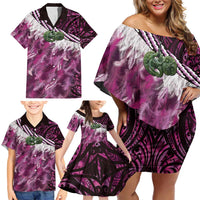 Pink Traditional Cloak Aotearoa Family Matching Off Shoulder Short Dress and Hawaiian Shirt Maori Paua Shell Korowai Pattern LT14 - Polynesian Pride