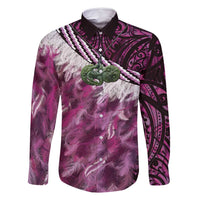 Pink Traditional Cloak Aotearoa Family Matching Summer Maxi Dress and Hawaiian Shirt Maori Paua Shell Korowai Pattern LT14 Dad's Shirt - Long Sleeve Pink - Polynesian Pride