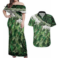 Green Traditional Cloak Aotearoa Couples Matching Off Shoulder Maxi Dress and Hawaiian Shirt Maori Paua Shell Korowai Pattern LT14 Green - Polynesian Pride
