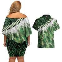 Green Traditional Cloak Aotearoa Couples Matching Off Shoulder Short Dress and Hawaiian Shirt Maori Paua Shell Korowai Pattern LT14 - Polynesian Pride