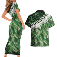 Green Traditional Cloak Aotearoa Couples Matching Short Sleeve Bodycon Dress and Hawaiian Shirt Maori Paua Shell Korowai Pattern LT14 - Polynesian Pride