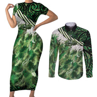 Green Traditional Cloak Aotearoa Couples Matching Short Sleeve Bodycon Dress and Long Sleeve Button Shirt Maori Paua Shell Korowai Pattern LT14 Green - Polynesian Pride