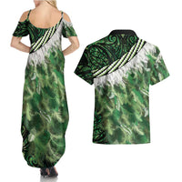 Green Traditional Cloak Aotearoa Couples Matching Summer Maxi Dress and Hawaiian Shirt Maori Paua Shell Korowai Pattern LT14 - Polynesian Pride
