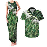 Green Traditional Cloak Aotearoa Couples Matching Tank Maxi Dress and Hawaiian Shirt Maori Paua Shell Korowai Pattern LT14 Green - Polynesian Pride