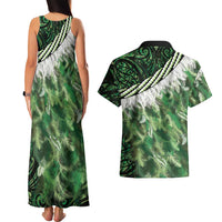 Green Traditional Cloak Aotearoa Couples Matching Tank Maxi Dress and Hawaiian Shirt Maori Paua Shell Korowai Pattern LT14 - Polynesian Pride