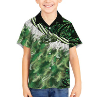 Green Traditional Cloak Aotearoa Family Matching Off Shoulder Maxi Dress and Hawaiian Shirt Maori Paua Shell Korowai Pattern LT14 Son's Shirt Green - Polynesian Pride