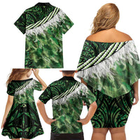 Green Traditional Cloak Aotearoa Family Matching Off Shoulder Short Dress and Hawaiian Shirt Maori Paua Shell Korowai Pattern LT14 - Polynesian Pride