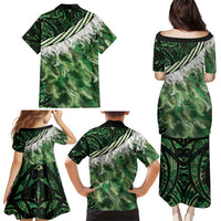 Green Traditional Cloak Aotearoa Family Matching Puletasi and Hawaiian Shirt Maori Paua Shell Korowai Pattern LT14 - Polynesian Pride
