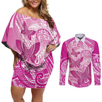 Personalised Polynesia Breast Cancer Awareness Couples Matching Off Shoulder Short Dress and Long Sleeve Button Shirt Think Pink Ribbon Polynesian Butterflies LT14 Pink - Polynesian Pride