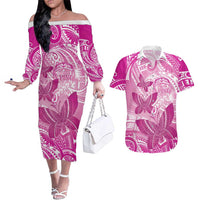 Personalised Polynesia Breast Cancer Awareness Couples Matching Off The Shoulder Long Sleeve Dress and Hawaiian Shirt Think Pink Ribbon Polynesian Butterflies LT14 Pink - Polynesian Pride