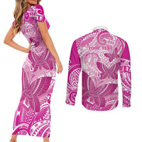 Personalised Polynesia Breast Cancer Awareness Couples Matching Short Sleeve Bodycon Dress and Long Sleeve Button Shirt Think Pink Ribbon Polynesian Butterflies LT14 - Polynesian Pride