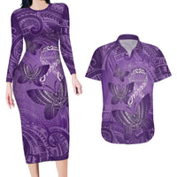 Personalised Polynesia Lupus Awareness Month Couples Matching Long Sleeve Bodycon Dress and Hawaiian Shirt Warrior Purple Ribbon Polynesian Butterflies LT14 Purple - Polynesian Pride