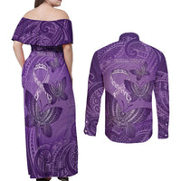 Personalised Polynesia Lupus Awareness Month Couples Matching Off Shoulder Maxi Dress and Long Sleeve Button Shirt Warrior Purple Ribbon Polynesian Butterflies LT14 - Polynesian Pride