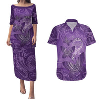 Personalised Polynesia Lupus Awareness Month Couples Matching Puletasi and Hawaiian Shirt Warrior Purple Ribbon Polynesian Butterflies LT14 Purple - Polynesian Pride