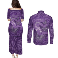 Personalised Polynesia Lupus Awareness Month Couples Matching Puletasi and Long Sleeve Button Shirt Warrior Purple Ribbon Polynesian Butterflies LT14 - Polynesian Pride