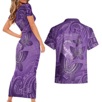 Personalised Polynesia Lupus Awareness Month Couples Matching Short Sleeve Bodycon Dress and Hawaiian Shirt Warrior Purple Ribbon Polynesian Butterflies LT14 - Polynesian Pride