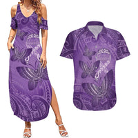 Personalised Polynesia Lupus Awareness Month Couples Matching Summer Maxi Dress and Hawaiian Shirt Warrior Purple Ribbon Polynesian Butterflies LT14 Purple - Polynesian Pride
