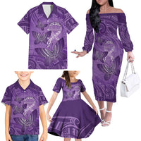 Personalised Polynesia Lupus Awareness Month Family Matching Off The Shoulder Long Sleeve Dress and Hawaiian Shirt Warrior Purple Ribbon Polynesian Butterflies LT14 - Polynesian Pride