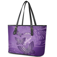 Polynesia Lupus Awareness Month Leather Tote Bag Warrior Purple Ribbon Polynesian Butterflies