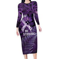 Lupus Awareness Month New Zealand Long Sleeve Bodycon Dress Be Strong Warrior Maori Silver Fern LT14 Long Dress Purple - Polynesian Pride
