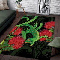 New Zealand Gecko Area Rug Aotearoa Maori With Pohutukawa Flowers LT14 Black - Polynesian Pride