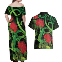 New Zealand Gecko Couples Matching Off Shoulder Maxi Dress and Hawaiian Shirt Aotearoa Maori With Pohutukawa Flowers LT14 - Polynesian Pride