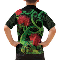 New Zealand Gecko Family Matching Off Shoulder Maxi Dress and Hawaiian Shirt Aotearoa Maori With Pohutukawa Flowers LT14 - Polynesian Pride