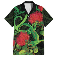New Zealand Gecko Family Matching Off Shoulder Maxi Dress and Hawaiian Shirt Aotearoa Maori With Pohutukawa Flowers LT14 Dad's Shirt - Short Sleeve Black - Polynesian Pride