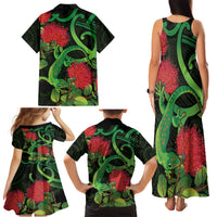 New Zealand Gecko Family Matching Tank Maxi Dress and Hawaiian Shirt Aotearoa Maori With Pohutukawa Flowers LT14 - Polynesian Pride