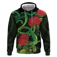 New Zealand Gecko Hoodie Aotearoa Maori With Pohutukawa Flowers LT14 Pullover Hoodie Black - Polynesian Pride