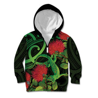 New Zealand Gecko Kid Hoodie Aotearoa Maori With Pohutukawa Flowers LT14 Zip Hoodie Black - Polynesian Pride