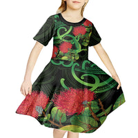 New Zealand Gecko Kid Short Sleeve Dress Aotearoa Maori With Pohutukawa Flowers LT14 - Polynesian Pride